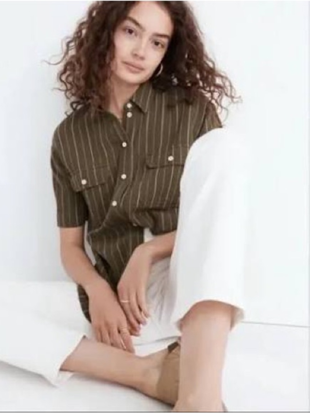 Madewell Cotton Olive Green Pinstripe Short Sleeve Button-Up Shirt, size Small
